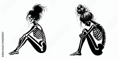 Female Skeleton with Messy Bun Sitting. Clipart silhouette vector illustration. Woman bony figure relaxed posture untidy hair knot settled human remains.