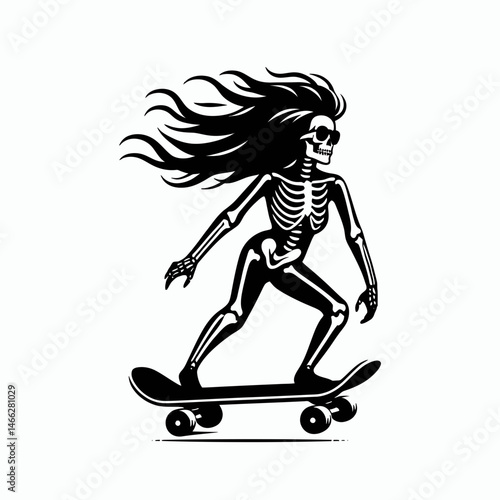 Female Skeleton with Messy Bun Skateboarding. Clipart silhouette vector illustration. Skeletal girl figure unkempt hair atop rolling board adventure.