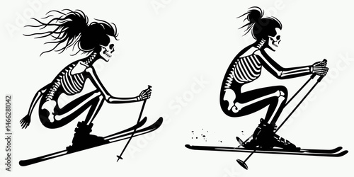 Female Skeleton with Messy Bun Skiing. Clipart silhouette vector illustration. Woman bone figure untidy chignon on winter sport activity holiday.