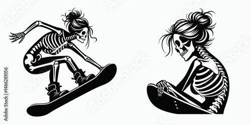Female Skeleton with Messy Bun Snowboarding. Clipart silhouette vector illustration. Woman bony frame having fun on snow covered mountain riding a board.