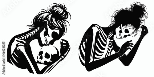 Female Skeleton with Messy Bun Sleeping. Clipart silhouette vector illustration. Bony woman figure having a rest casual hairdo serene repose.