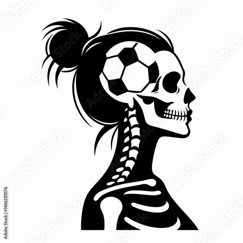 Female Skeleton with Messy Bun Soccer. Clipart silhouette vector illustration. Athletic bony girl untidy chignon enjoys the ball game activity.
