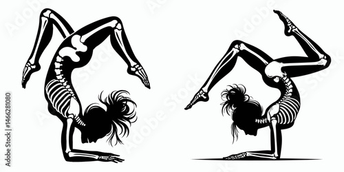 Female Skeleton with Messy Bun Somersault. Clipart silhouette vector illustration. Woman cranium casual coil acrobatic trick body part form.
