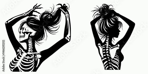 Female Skeleton with Messy Bun Stretching. Clipart silhouette vector illustration. Woman bone structure untidy coiled hair doing body extension exercise.