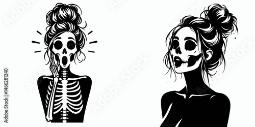 Female Skeleton with Messy Bun Surprised. Clipart silhouette vector illustration. Womans bone figure sporting unbound coiffure in utter astonishment pose.
