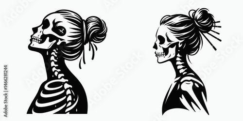 Female Skeleton with Messy Bun Synchronized Swimming. Clipart silhouette vector illustration. Woman cranium disheveled coil artistic aquatic team sport routine.
