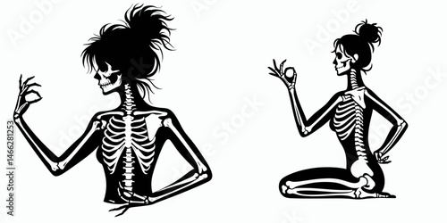 Female Skeleton with Messy Bun Tai Chi. Clipart silhouette vector illustration. Woman bony frame in workout slow mindful movement eastern wellbeing practice.