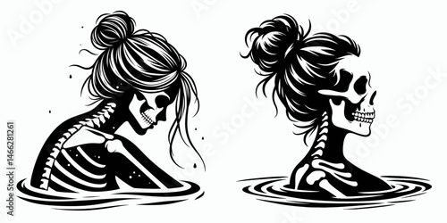 Female Skeleton with Messy Bun Swimming. Clipart silhouette vector illustration. Anatomical human remains undone coiffure in aquatic activity.