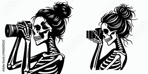 Female Skeleton with Messy Bun Taking Photo. Clipart silhouette vector illustration. Lady bones untidy chignon capturing image halloween macabre concept.
