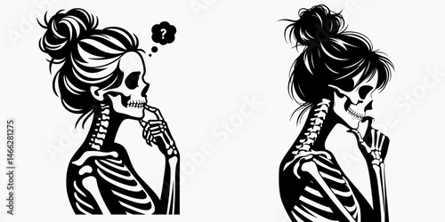 Female Skeleton with Messy Bun Thinking. Clipart silhouette vector illustration. Bony woman updo pondering cranial study cranium in thought.