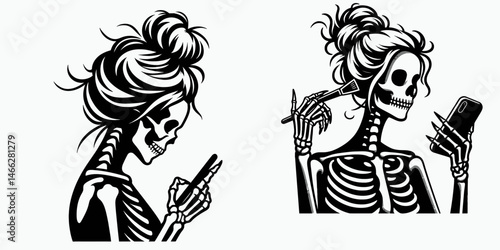 Female Skeleton with Messy Bun Texting. Clipart silhouette vector illustration. Cranium gal disheveled hair knot operating cellular gadget image.