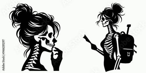 Female Skeleton with Messy Bun Tourist. Clipart silhouette vector illustration. Lady skeletal figure sporting disheveled chignon sightseer exploring landmark.