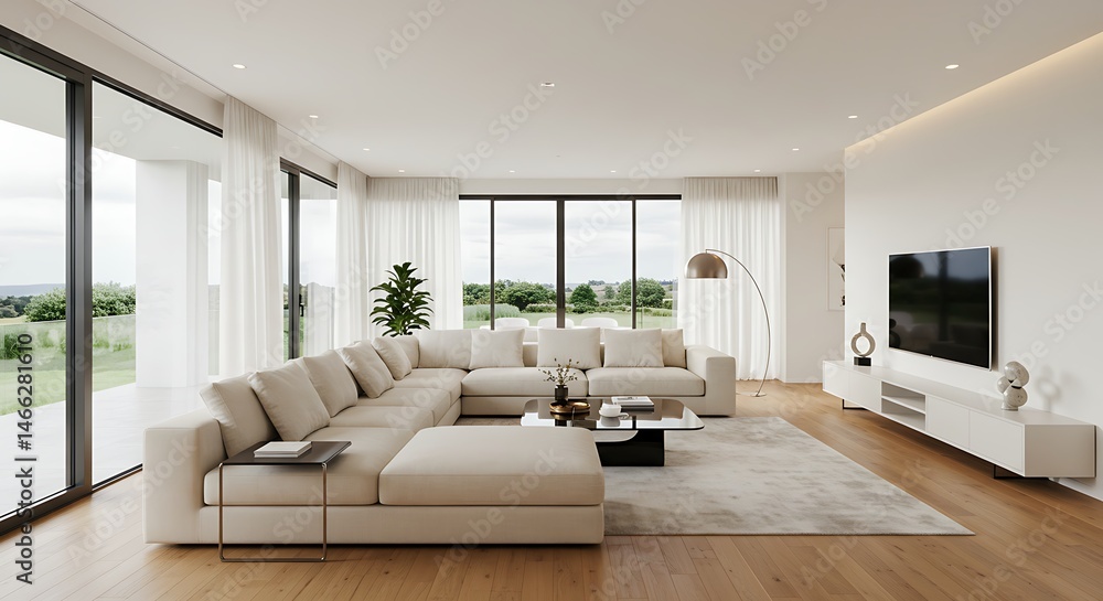 Fototapeta premium Photorealistic Modern Living Room With Luxurious Interior Design Lighting