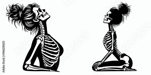 Female Skeleton with Messy Bun Yoga. Clipart silhouette vector illustration. Womans bony figure in disarrayed hairdo performing asana for wellness.