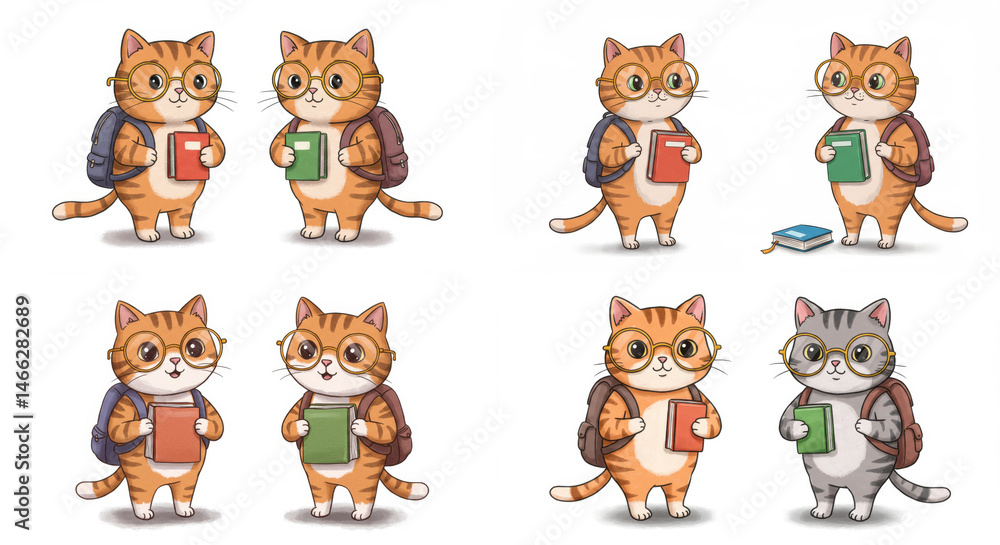 Cartoon Cute Cats with Backpacks and Books - Adorable cartoon cats wearing glasses, carrying backpacks, and holding books. Perfect for education, children's themes Cartoon Cute Cats with Backpacks and Books - Adorable cartoon cats wearing glasses, carrying backpacks, and holding books. Perfect for education, children's themes