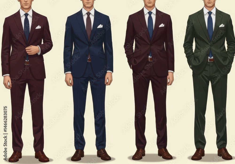 Four men wearing different colored suits with ties and pocket squares stand in a row against a neutral backdrop Four men wearing different colored suits with ties and pocket squares stand in a row against a neutral backdrop