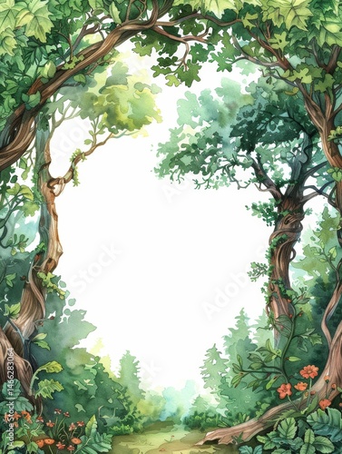 Beautiful Enchanted Forest Border Frame with Watercolor Art Elements and Natural Scenery