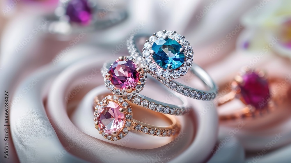 Fototapeta premium Beautiful Exquisite Gemstone Rings Displayed on Elegant Minimalistic Background with Perfect Focus