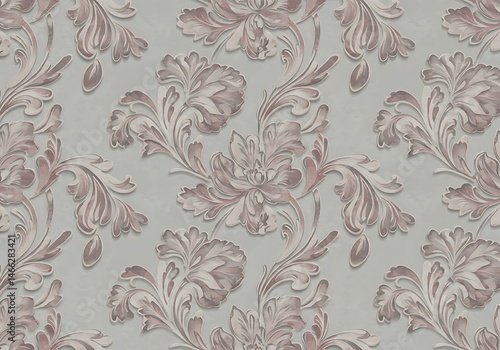 Elegant Floral Damask Pattern, Dusty Rose & Gray