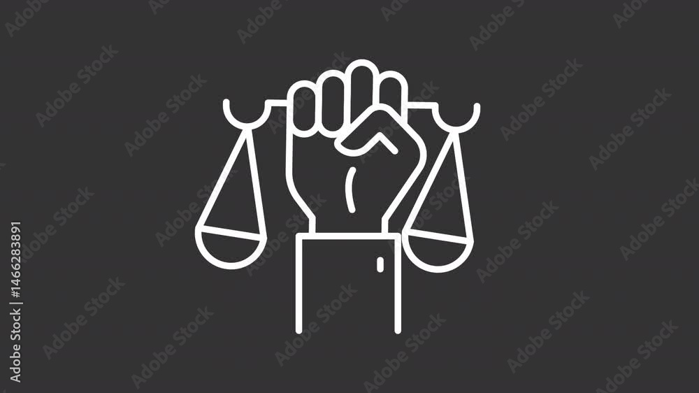 Right to recognition as person before law white line animation. Hand holding scales of justice animated icon. Law without discrimination. Isolated element on dark background. Alpha transparent video Right to recognition as person before law white line animation. Hand holding scales of justice animated icon. Law without discrimination. Isolated element on dark background. Alpha transparent video