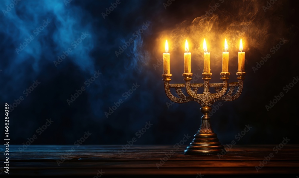 Menorah with lit candles creating a warm glow in smoky atmosphere Menorah with lit candles creating a warm glow in smoky atmosphere