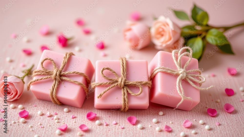 Delicate Pink Soap Bars with Twine Ties Surrounded by Soft Petals and Fresh Roses on a Light Background Delicate Pink Soap Bars with Twine Ties Surrounded by Soft Petals and Fresh Roses on a Light Background