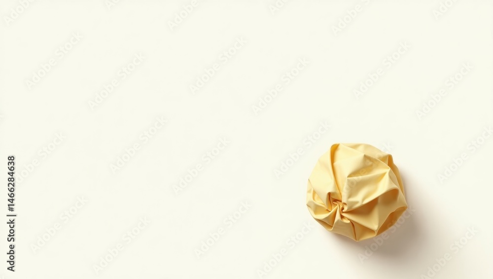Fototapeta premium Abstract Pastel Yellow Crumpled Fabric Ball on White Background Minimalist Design Texture
