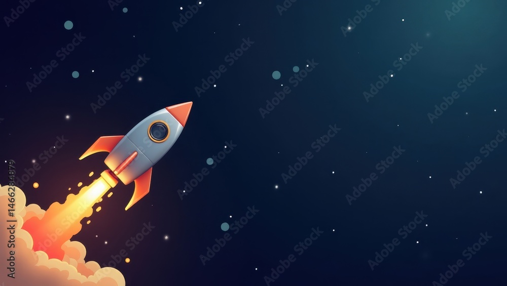 Naklejka premium Cartoon Rocket Launching into Space Startup Concept Cosmic Background