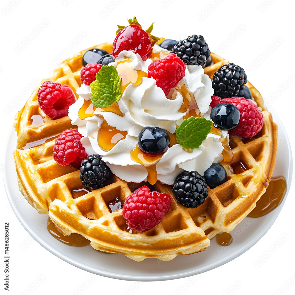 Waffle topped with fresh berries, whipped cream, and maple syrup isolated on white background Waffle topped with fresh berries, whipped cream, and maple syrup isolated on white background