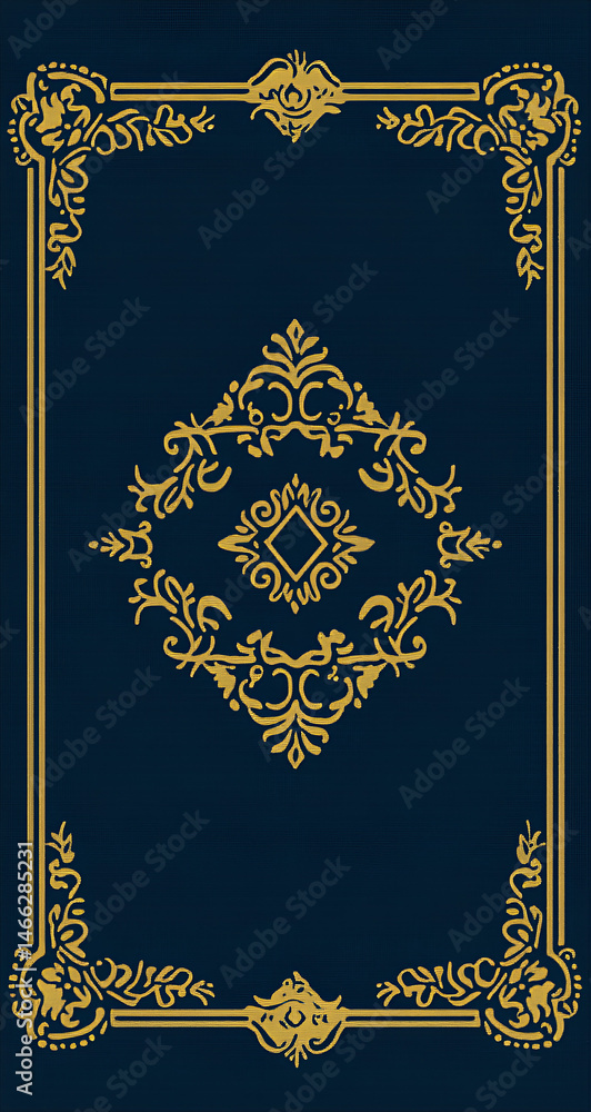 Obraz premium Close-up of Navy Blue Agnella Tempo Kaira Rug with Ornate Gold Floral and Diamond Pattern in Classic Oriental Style 