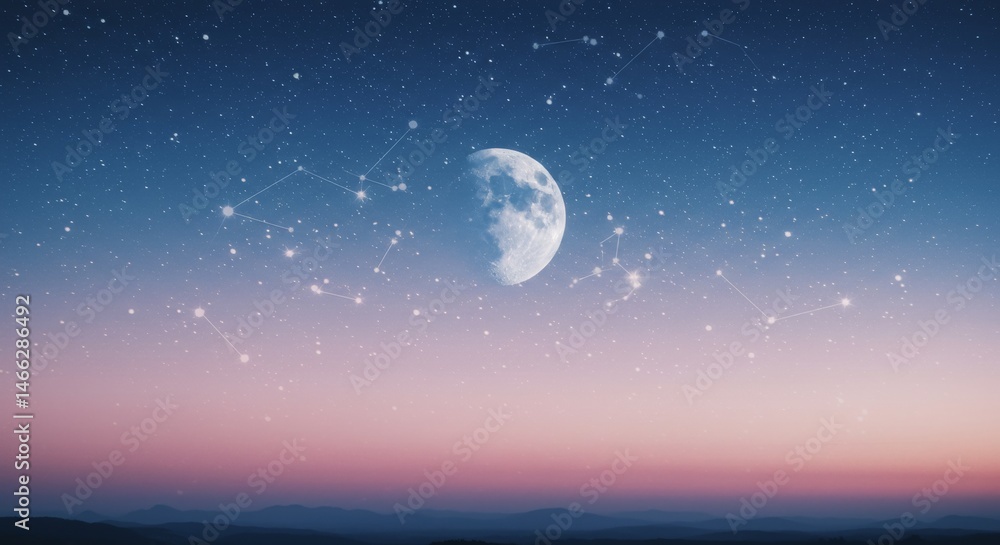 Fototapeta premium Celestial Night Landscape - Serene night sky with a half moon, stars, and constellations over a tranquil landscape at dawn or dusk