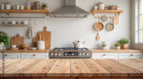 Empty wooden table with the bright white interior of the kitchen as a blurred background behind the bokeh golden sunshine
