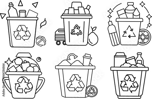 Set of waste recycling outline vector illustration, line art