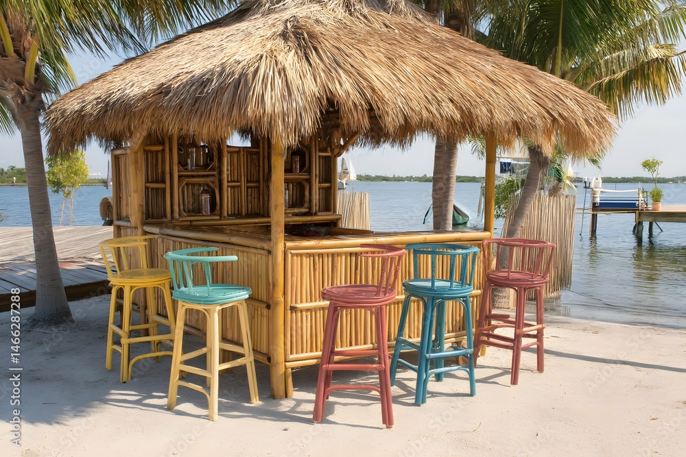 Fototapeta premium A vibrant, breezy tiki bar exploding with fun, delight, and beachy warmth.