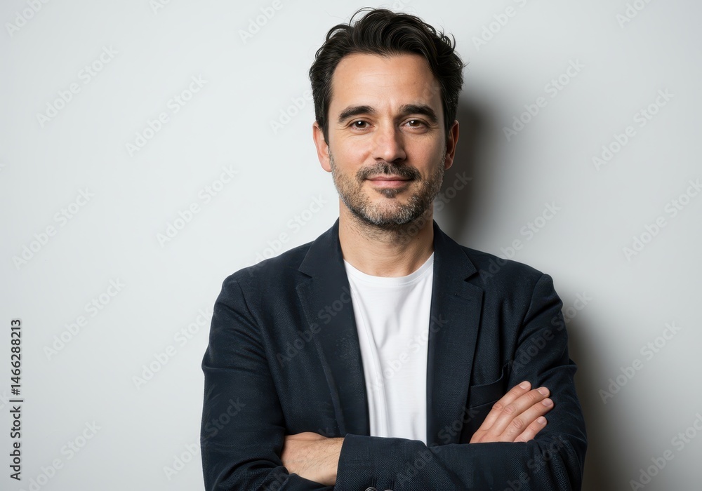 Confident man in a blazer with arms crossed against a neutral background looking at the camera Confident man in a blazer with arms crossed against a neutral background looking at the camera