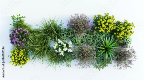 Beautiful Flower Bed with Various Grasses in Top View Against White Background