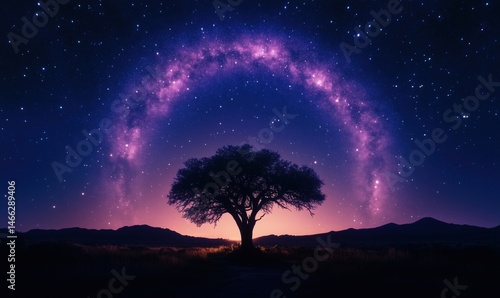 Majestic tree silhouette under vibrant starry night sky with galaxy arch