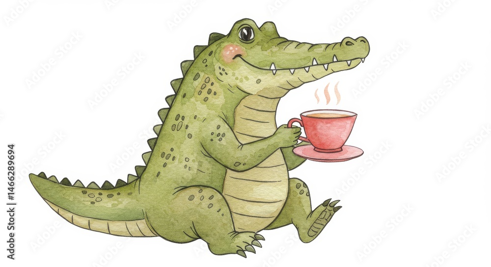 Obraz premium Watercolor Happy Crocodile Enjoying Tea - Adorable cartoon crocodile sits happily holding a warm cup of tea. Perfect for children's books, tea-themed designs, or whimsical illustrations