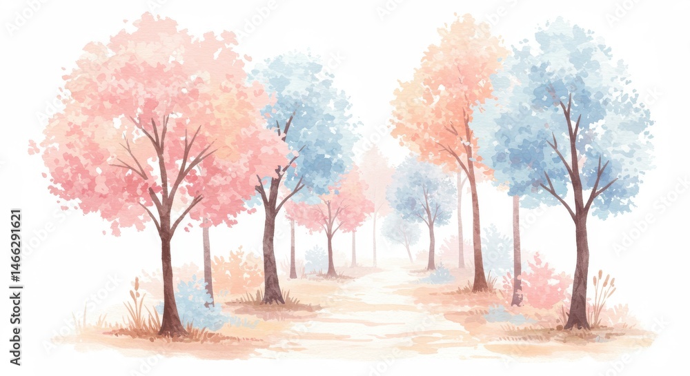 Naklejka premium Pastel Trees and Path Landscape - Serene watercolor painting of a path through a dreamy forest of pastel pink and blue trees. Perfect for calming backgrounds
