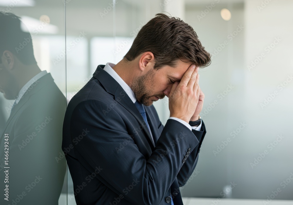 Worried businessman in suit leaning against glass wall with hands on forehead in office setting Worried businessman in suit leaning against glass wall with hands on forehead in office setting