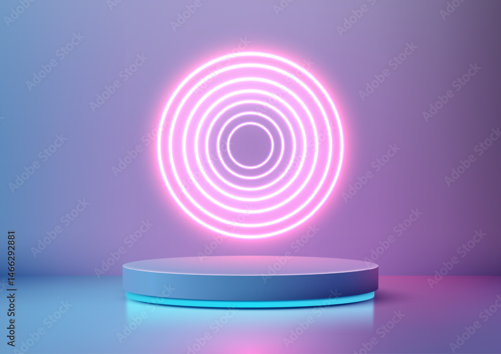Obraz premium 3D futuristic neon platform glowing with vibrant blue and pink light on purple backdrop modern technology mockup display showcase
