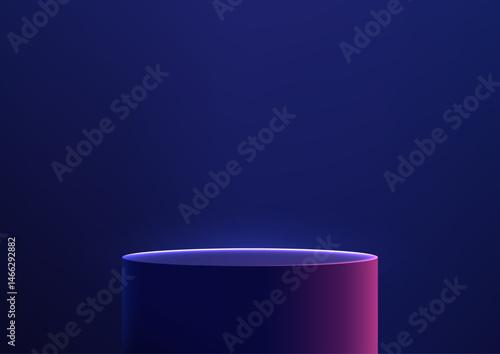3d cylindrical podium mockup with purple gradient on blue background for product display showcase technology concept