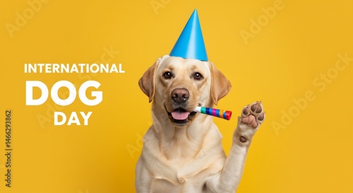 Labrador celebrating dog day wearing party hat and holding noisemaker in mouth