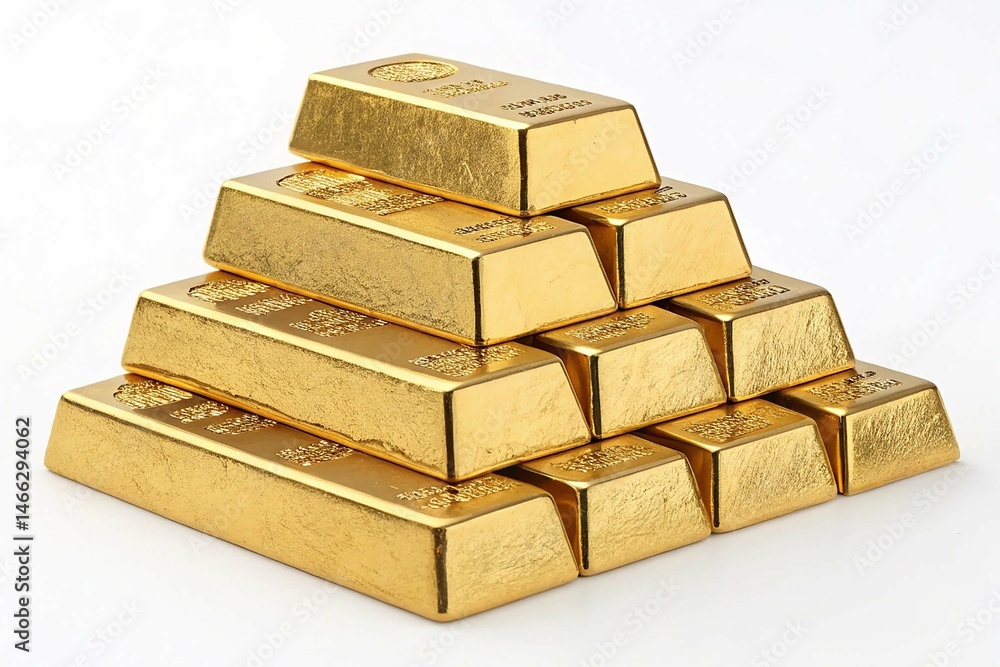 A pyramid stack of gold bars, reflecting opulence and wealth, each bar engraved with fine details of its authenticity and purity, set against a white background A pyramid stack of gold bars, reflecting opulence and wealth, each bar engraved with fine details of its authenticity and purity, set against a white background