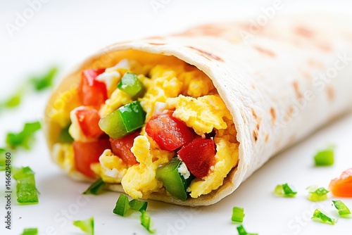 Close up of a breakfast burrito with eggs and vegetables filling it up