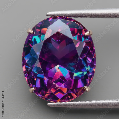 Close-up view of a large amethyst gemstone held in tweezers showcasing its brilliance and vibrant purple color