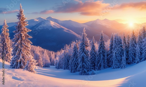 Stunning winter landscape with snow-covered mountains and sunrise in the background