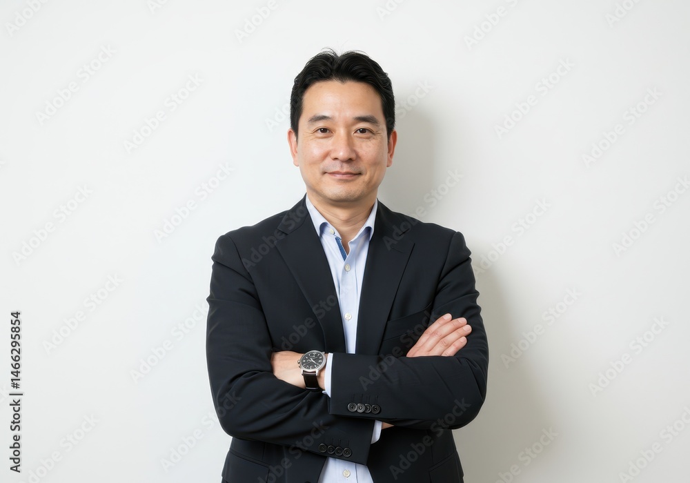 Confident asian businessman with arms crossed wearing a suit and watch against a white background Confident asian businessman with arms crossed wearing a suit and watch against a white background