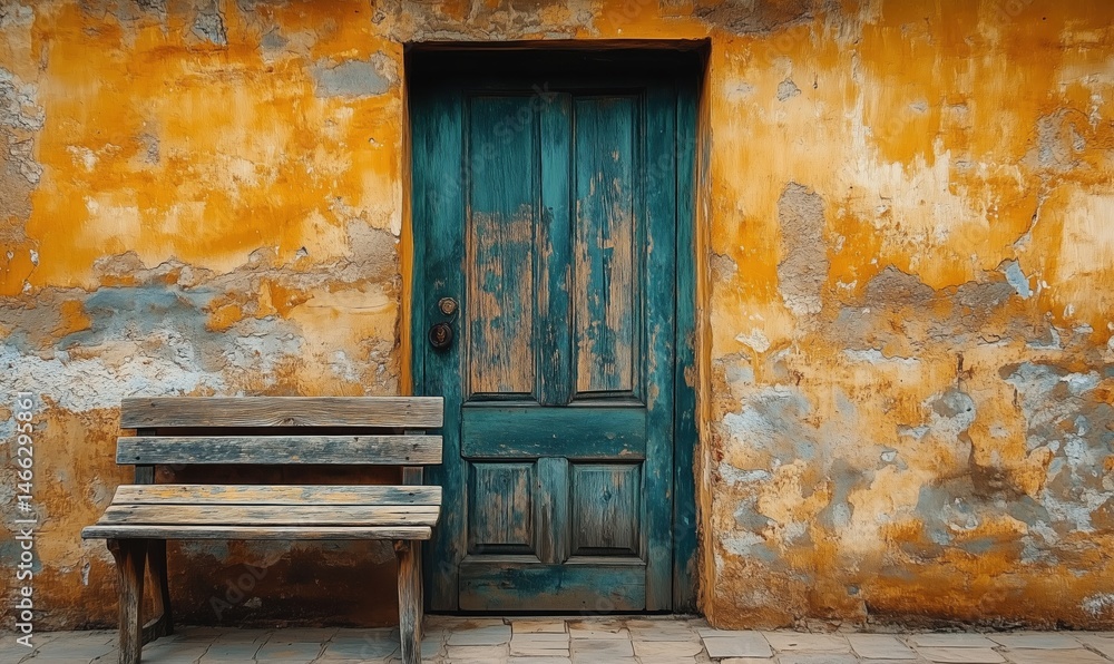 Weathered turquoise door and rustic wooden bench against vibrant orange wall