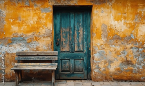 Obraz na płótnie Weathered turquoise door and rustic wooden bench against vibrant orange wall w salonie